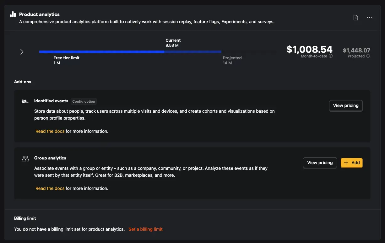 PostHog Product Analytics panel showing current events, the free-tier limit, projected usage, and month-to-date spend.