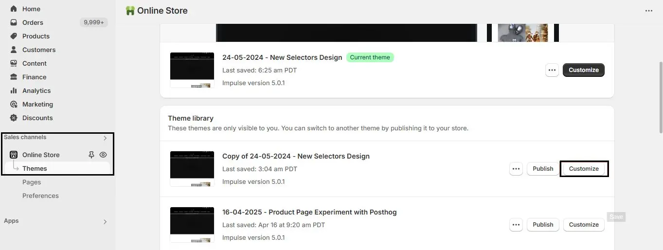 Shopify Online Store Themes page showing the current theme and a duplicated theme in the theme library